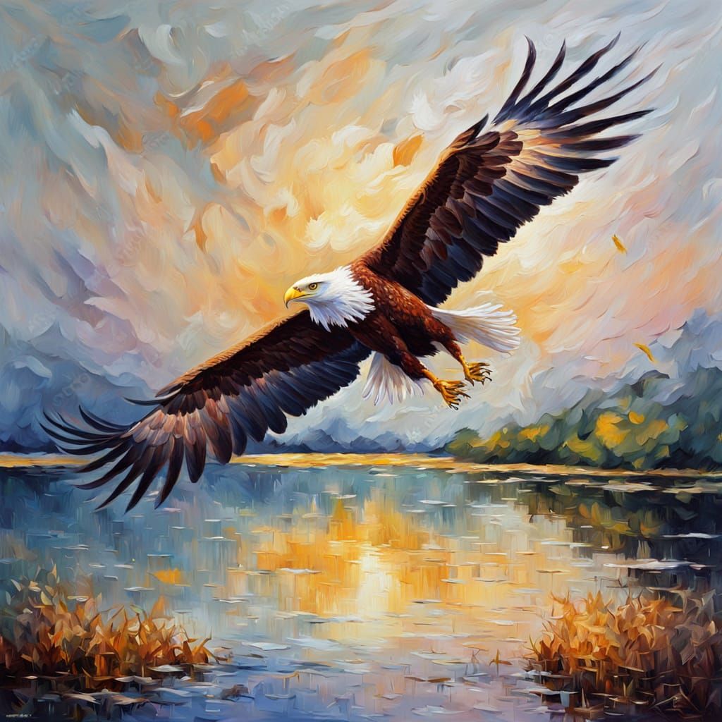 Fish Eagle in Flight: Neo-Impressionist Oil Painting