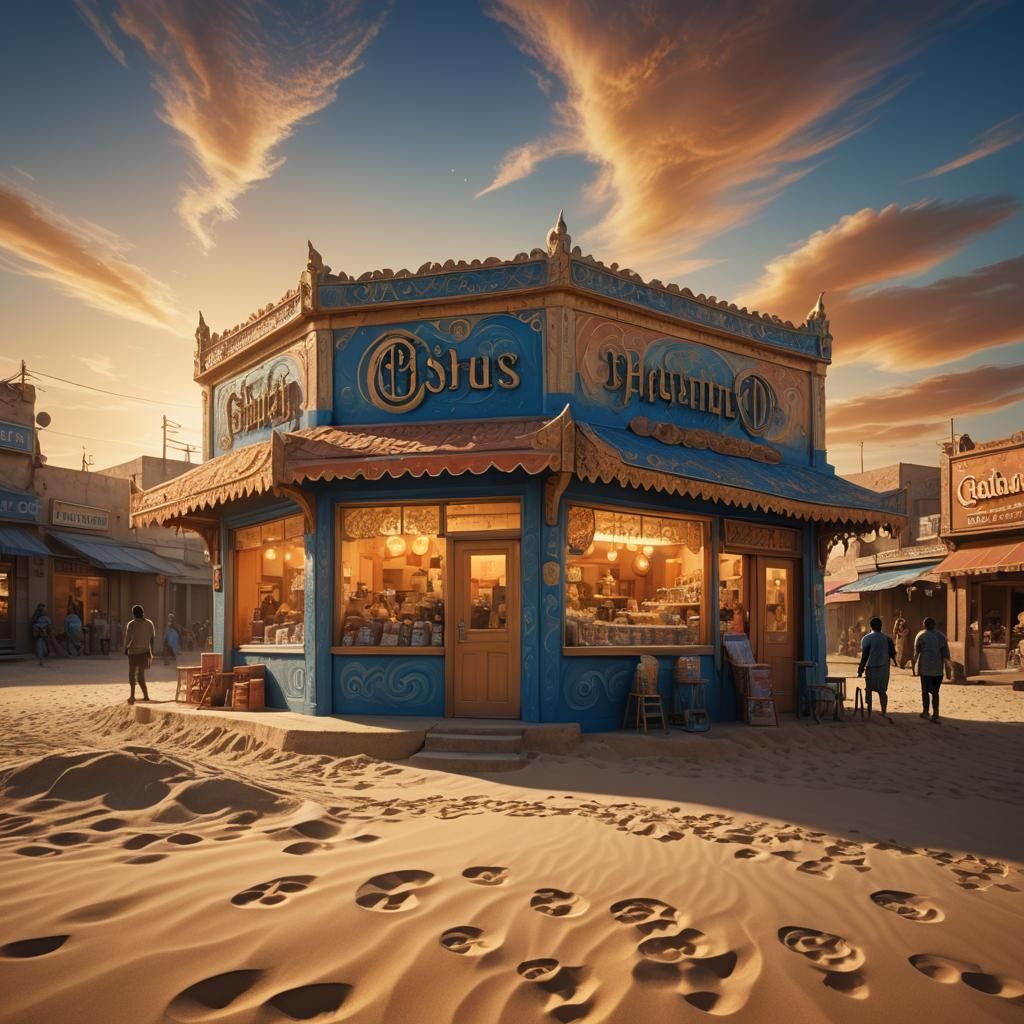 Desert Tuck Shop in Golden Light: Fantasy Concept Art