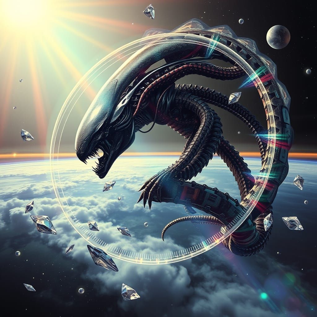 Double exposure: Xenomorph -hybrid between snake and human o...