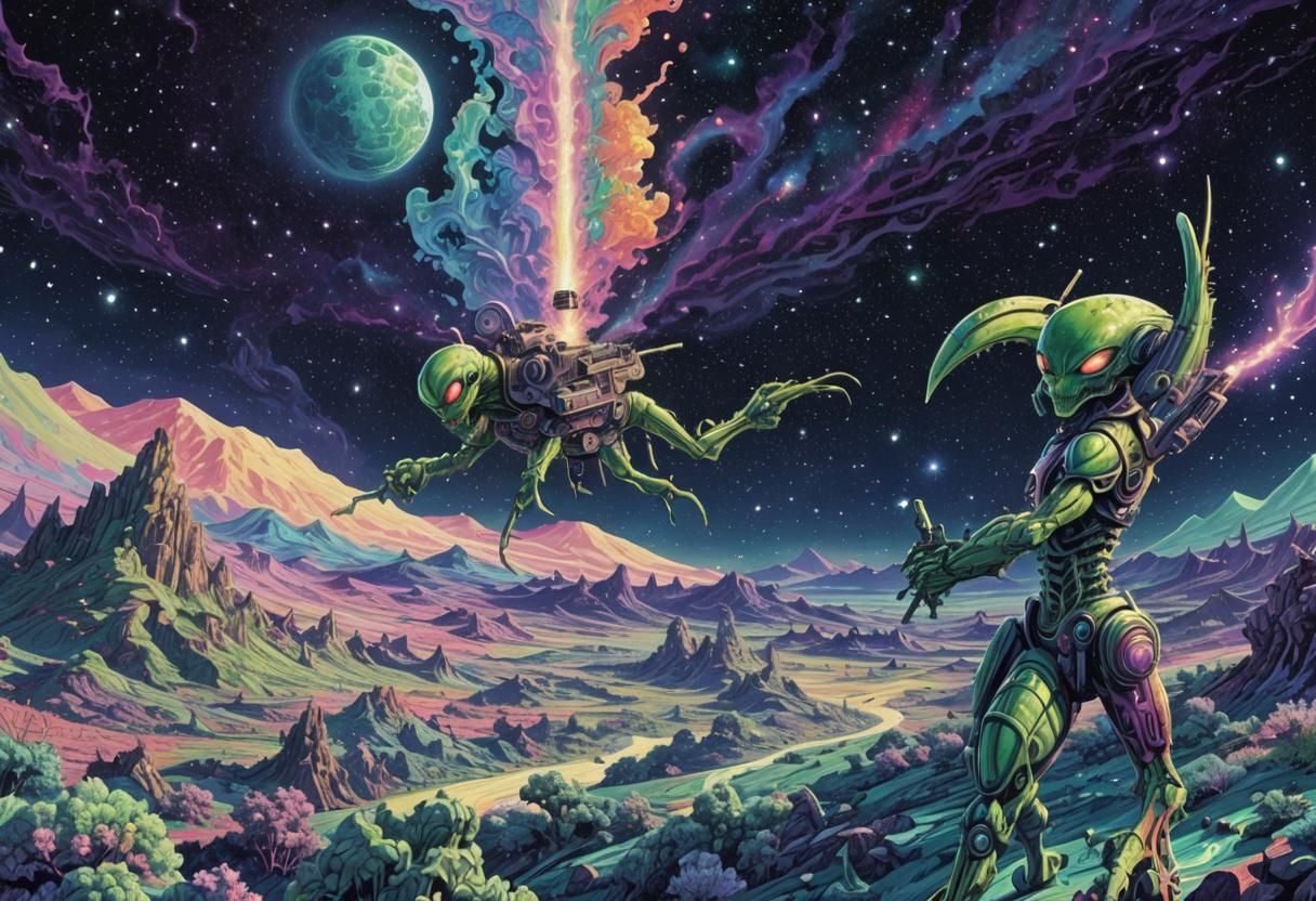 Green Alien Monster on Lunar Landscape in Comic Book Art