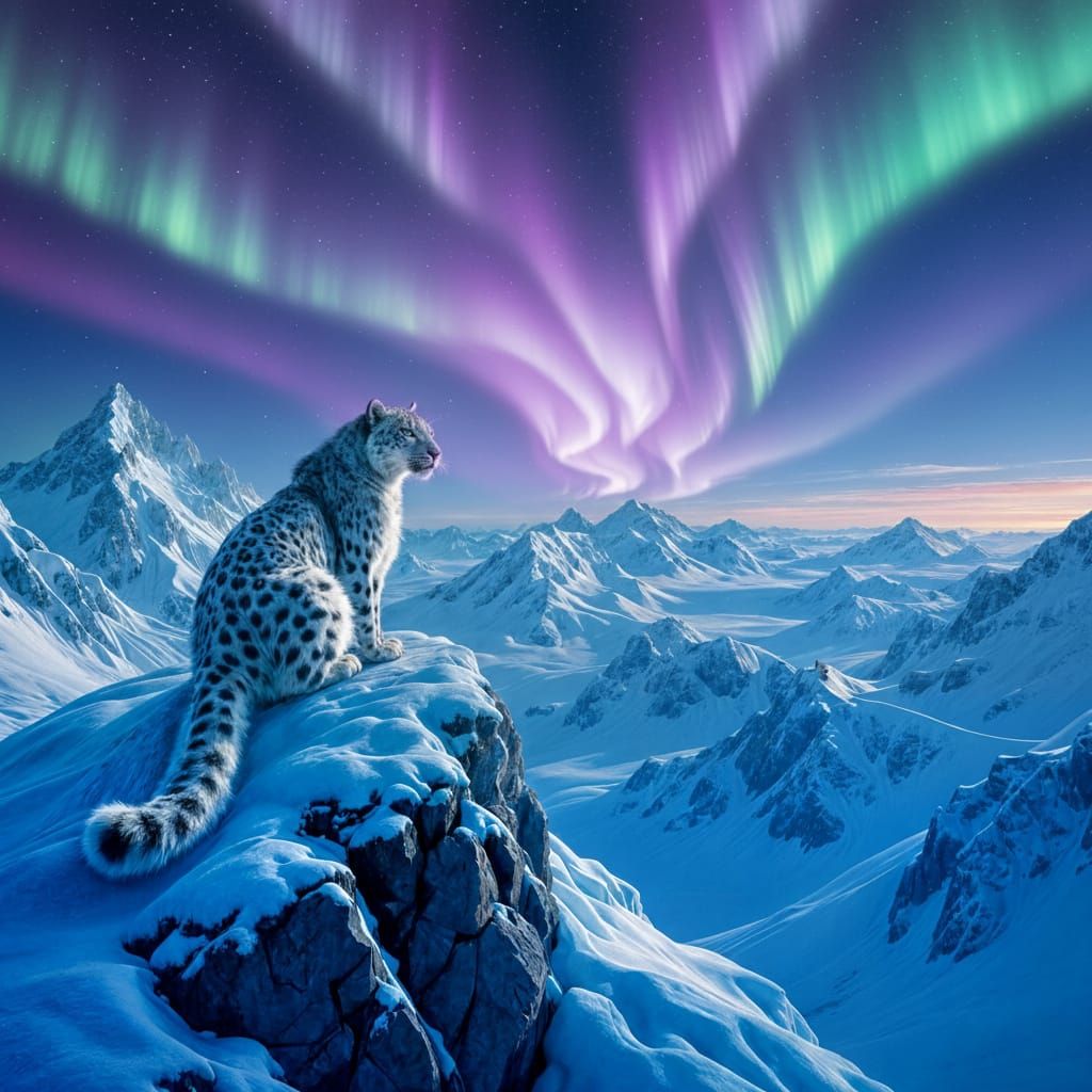 Snow Leopard on Arctic Peak Under Aurora