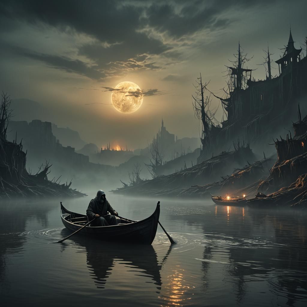 Charon on Gloomy River: Dark Fantasy Matte Painting