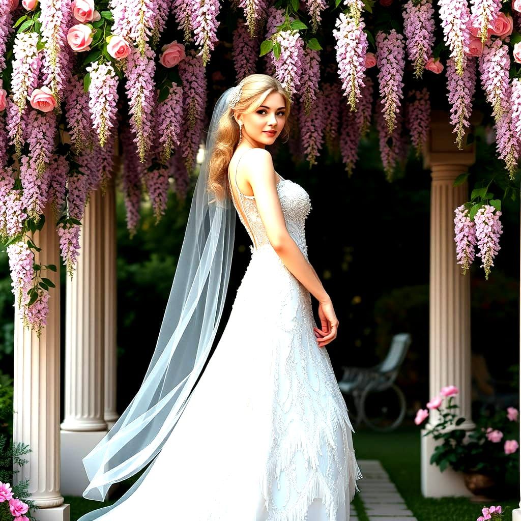 Vintage Bride Under Floral Arbor in 1920's Wedding Dress Sty...