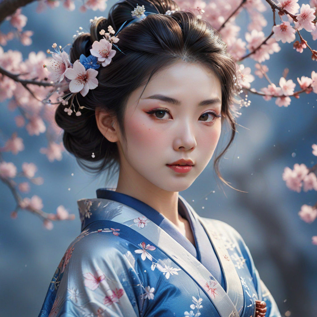 Whimsical Geisha in Blue and Silver Kimono Digital Art