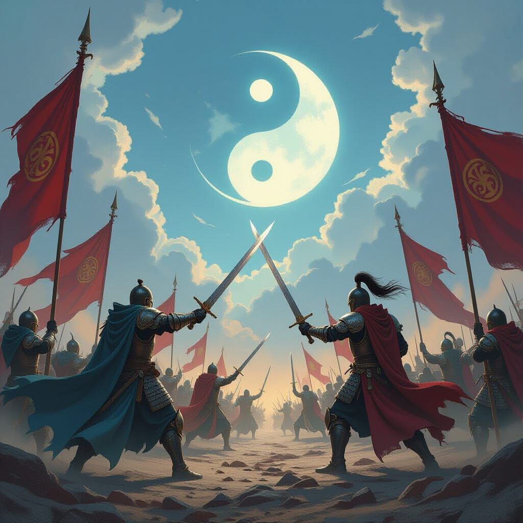 Epic Battle: Armored Warriors Clash Under Yin-Yang Sky
