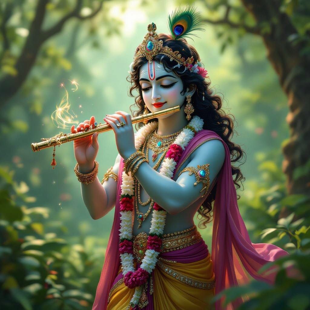 Lord Krishna Plays Flute in Dreamy Forest Scene