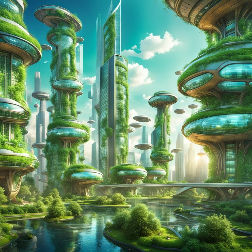 Utopian Green City with Female Robots: Digital Art