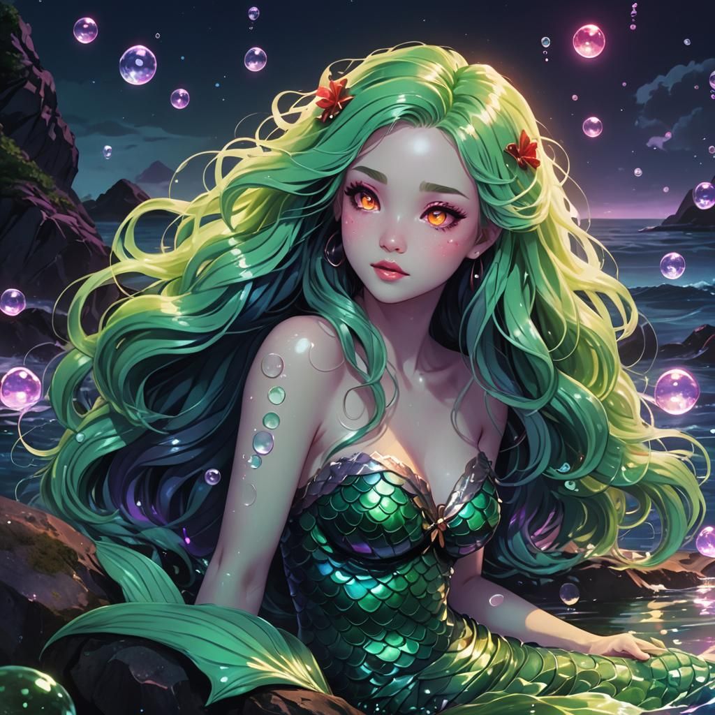 Anime Mermaid in a Neon Lit Ocean