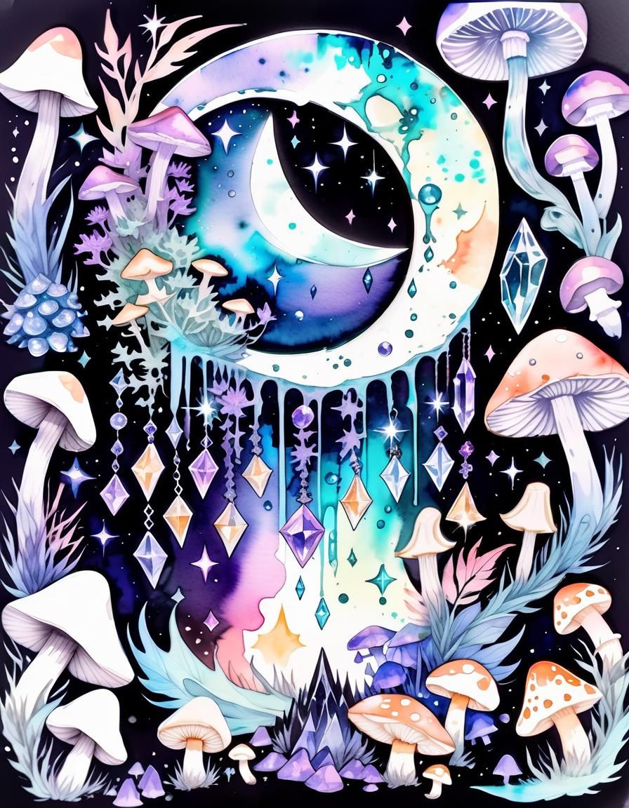 Pastel Goth Crescent Moon with Crystals, Watercolour