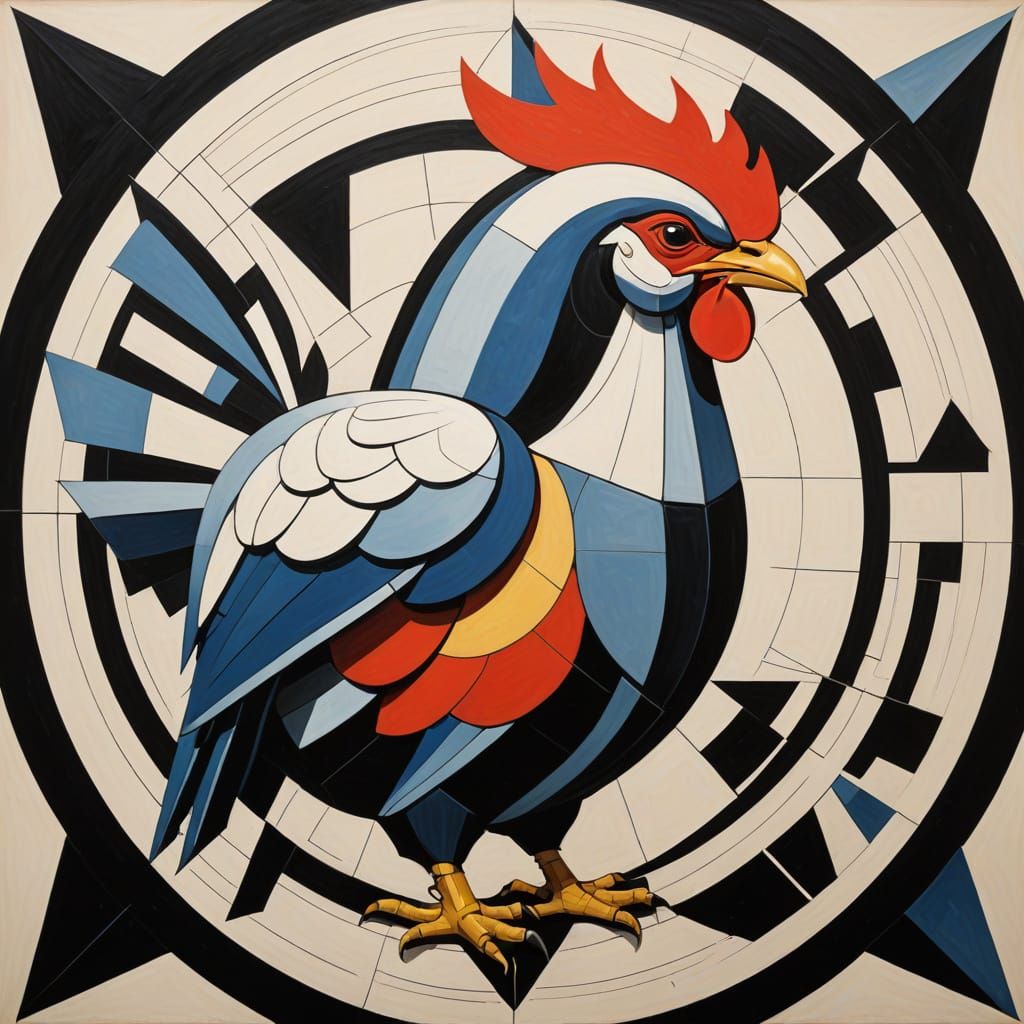 Medieval Knight's Shield in Cubist Style with Chicken Emblem