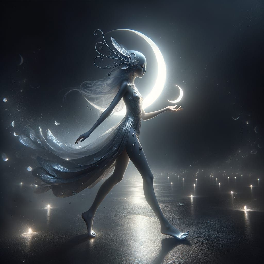 Ethereal Moon Goddess Radiates Gentle Glow in Darkness
