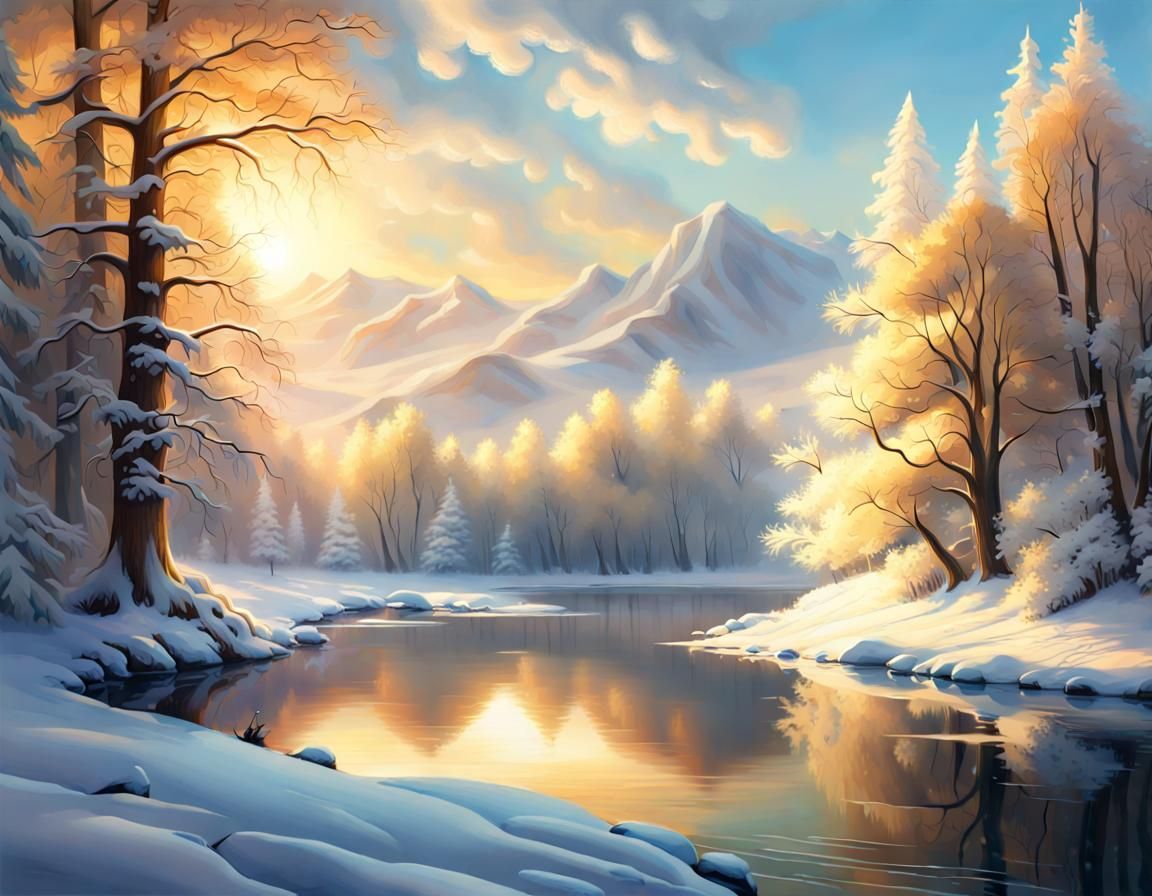 Snowy Riverscape Fantasy Art in Golden Light