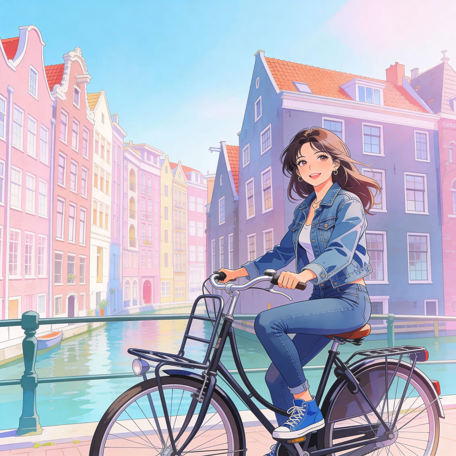 Woman Riding a Dutch Bike in Amsterdam