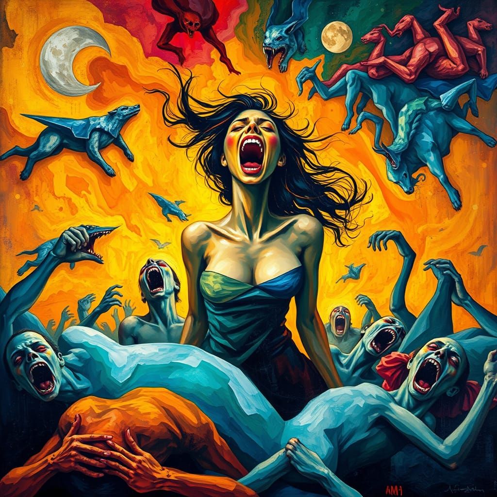 Woman in Abyssal Chaos, in a Vibrant Cubist Style