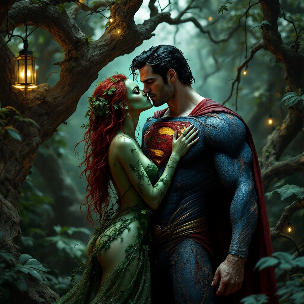 Poison Ivy Kisses Superman in Botanical Garden