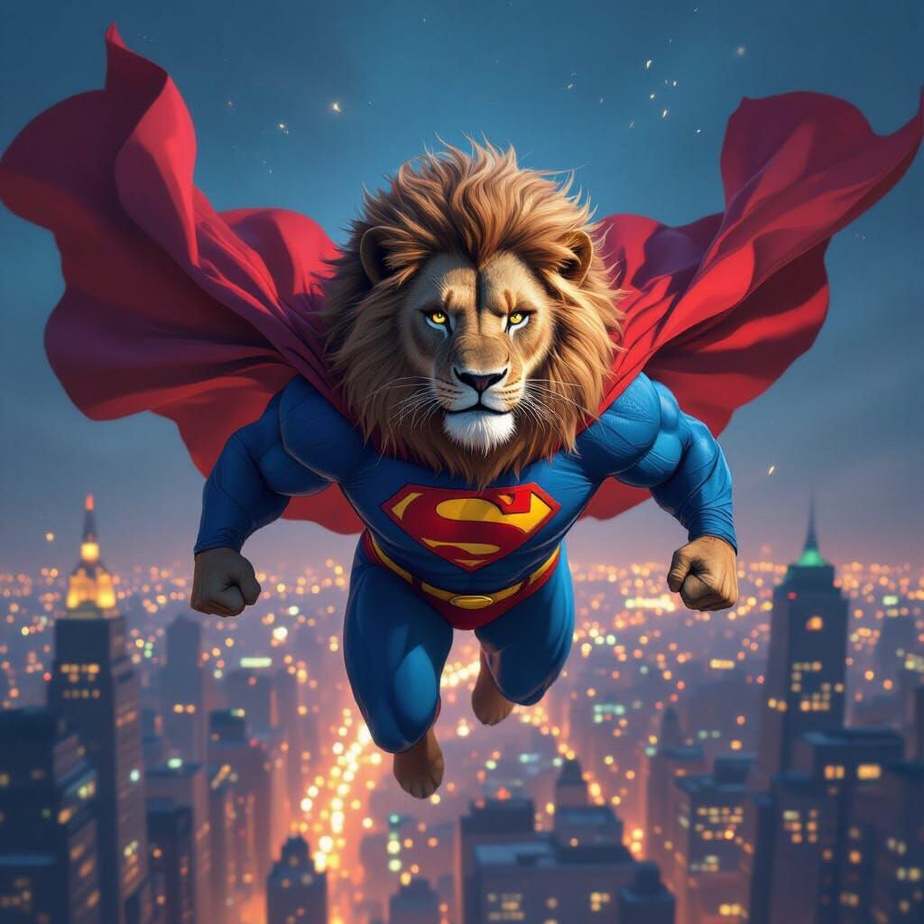 Lion Superhero Flies Over Cityscape at Night