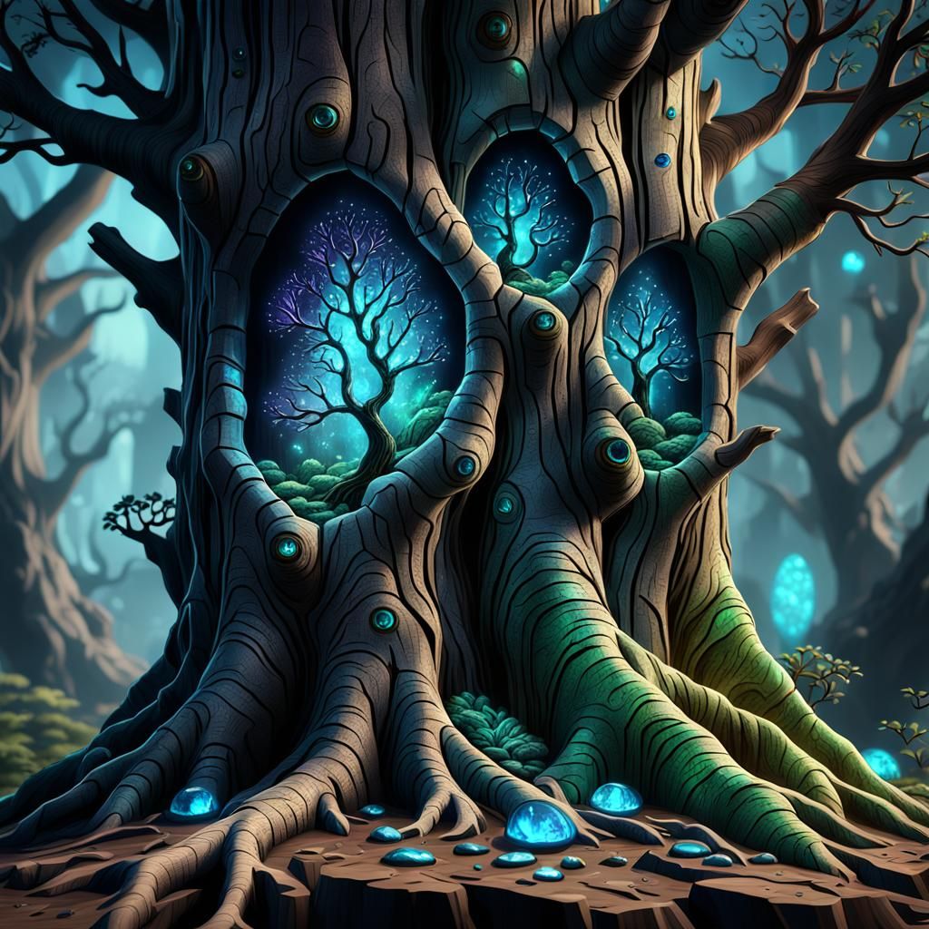 Bioluminescent Gemstone Tree: Detailed Fantasy Concept Art