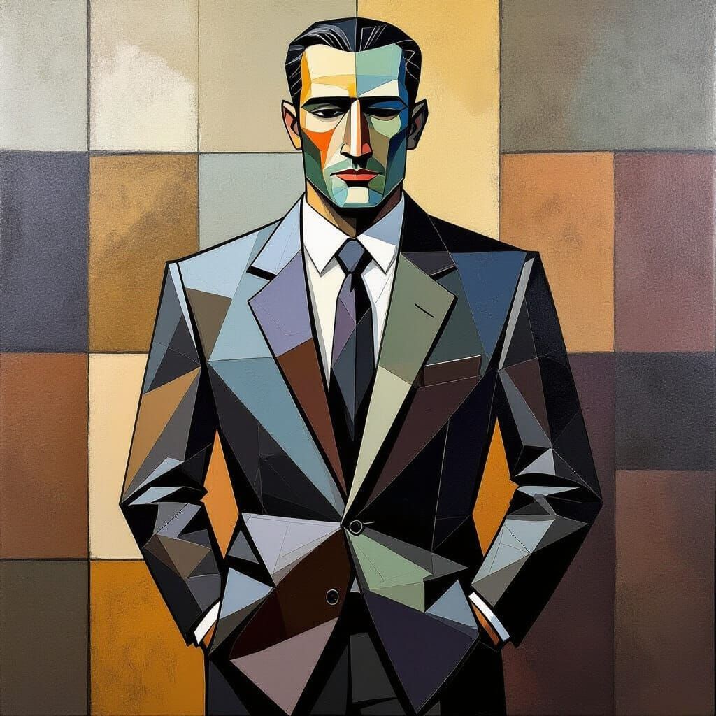 Faceless Metallic Man Sculpture in Cubist Style