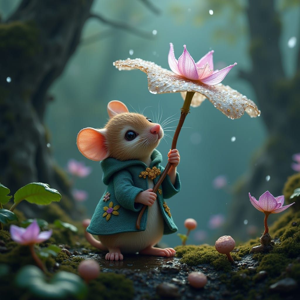 Whimsical Mouse in Rainy Fantasy Landscape