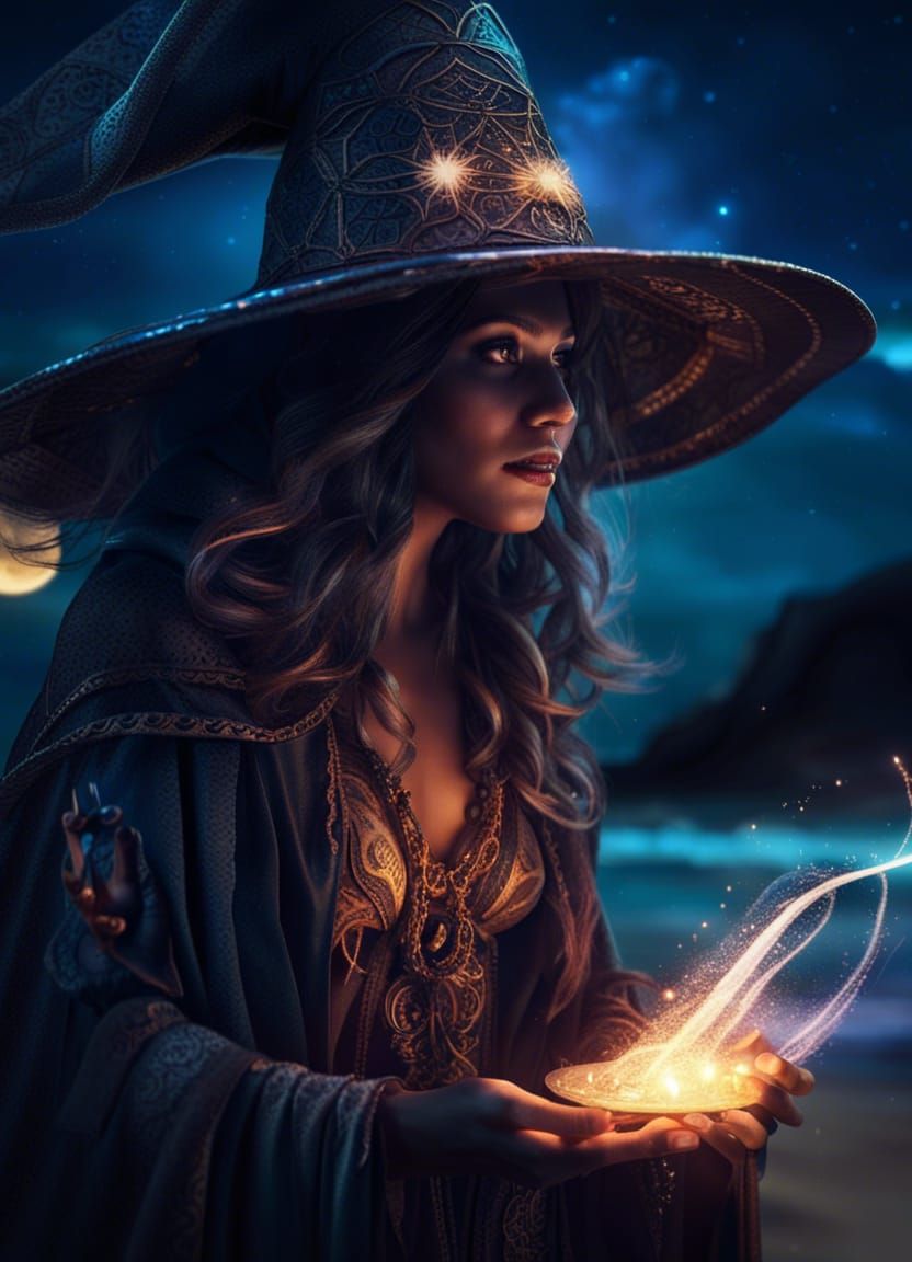 Enchanting Witch Performing Magic on Glowing Beach