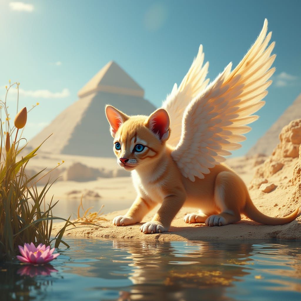 Golden Winged Sphinx Cub Plays on Nile River Banks Near Grea...