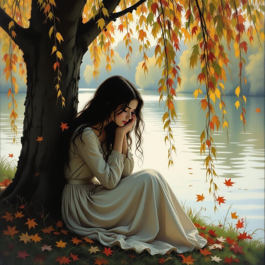 Melancholic Girl Under Willow Tree: Pre-Raphaelite Painting