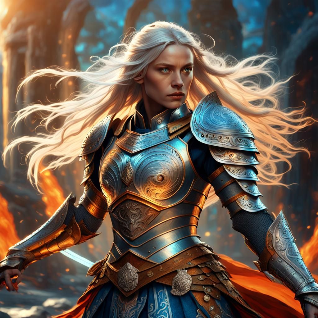 Armored Warrioress Preparing for Battle in High-Fantasy Styl...