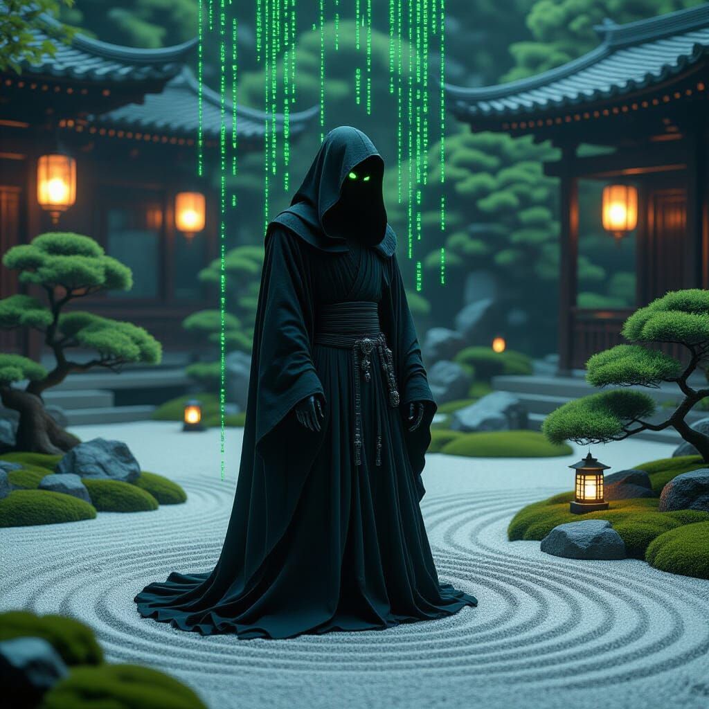 Digital Grim Reaper in Zen Garden: Cyberpunk Aesthetic