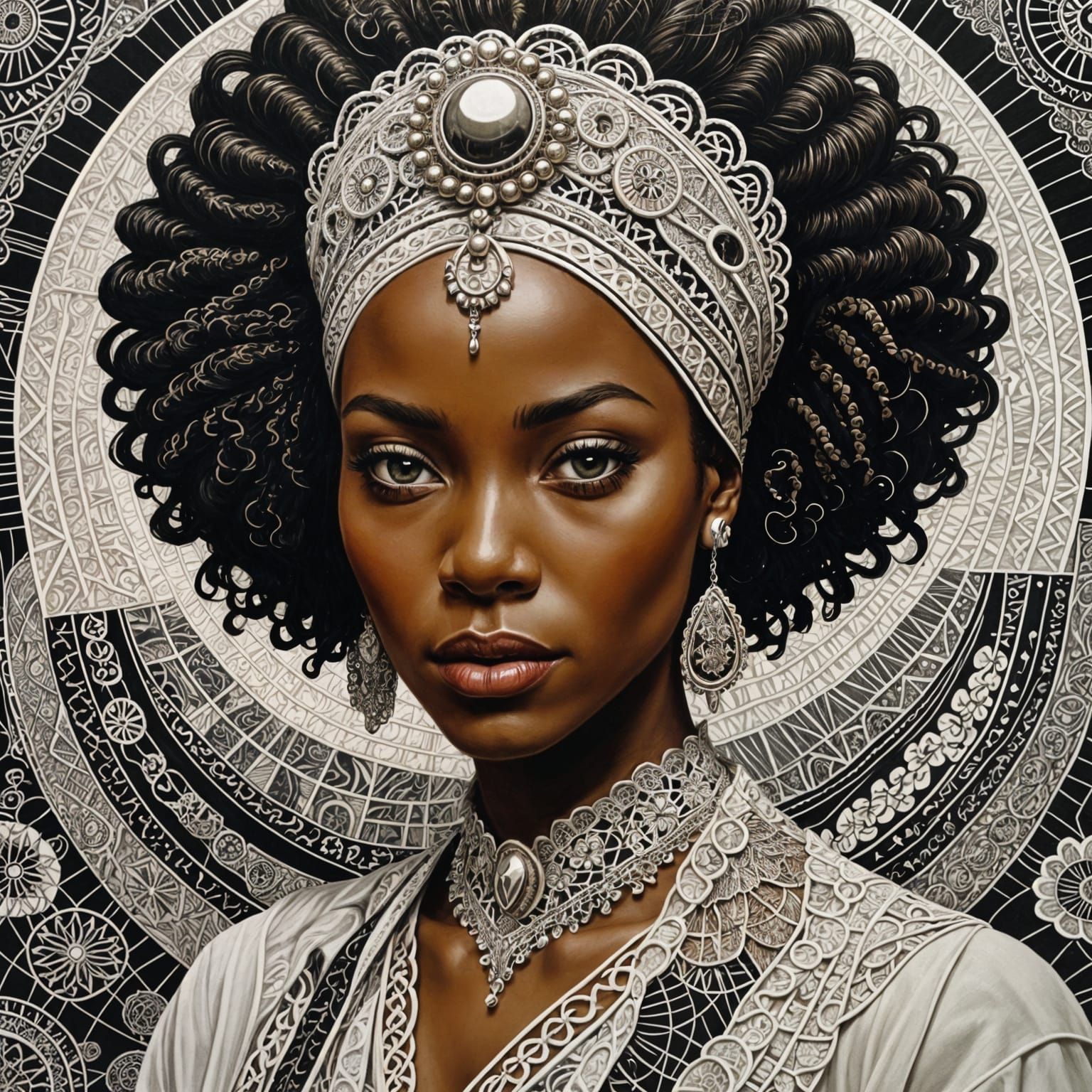 African Woman with Polish Lace in Neo-Futurist Line-Art Styl...