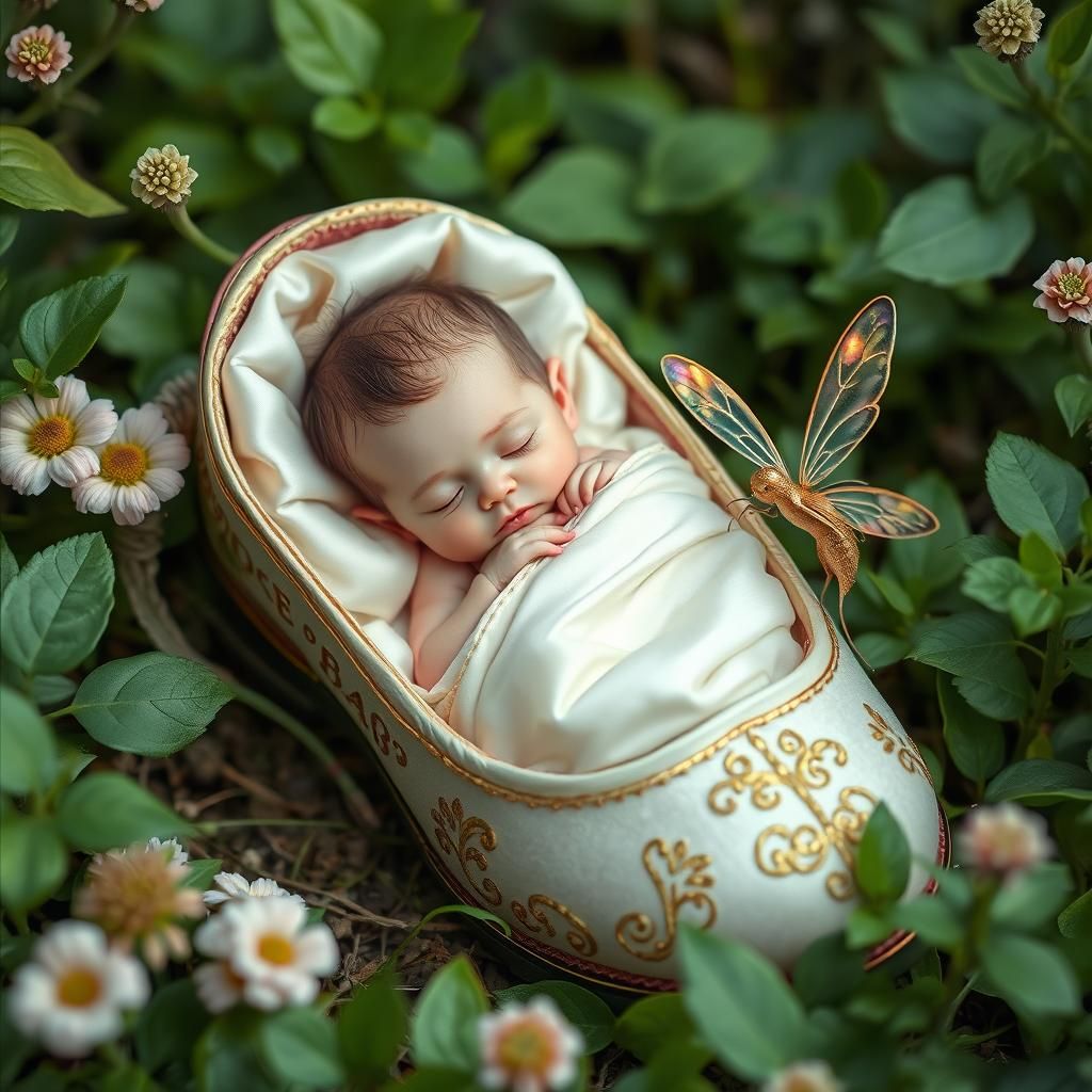 Sleeping Elf in Shoe, Dreamlike Fairy Tale Art