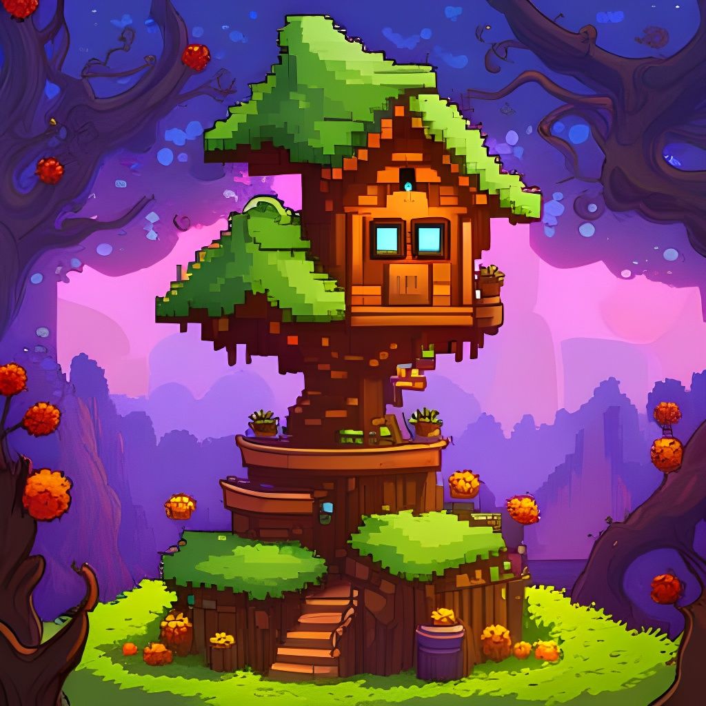 Whimsical Overgrown Treehouse in Enchanted Forest: Pixel Art
