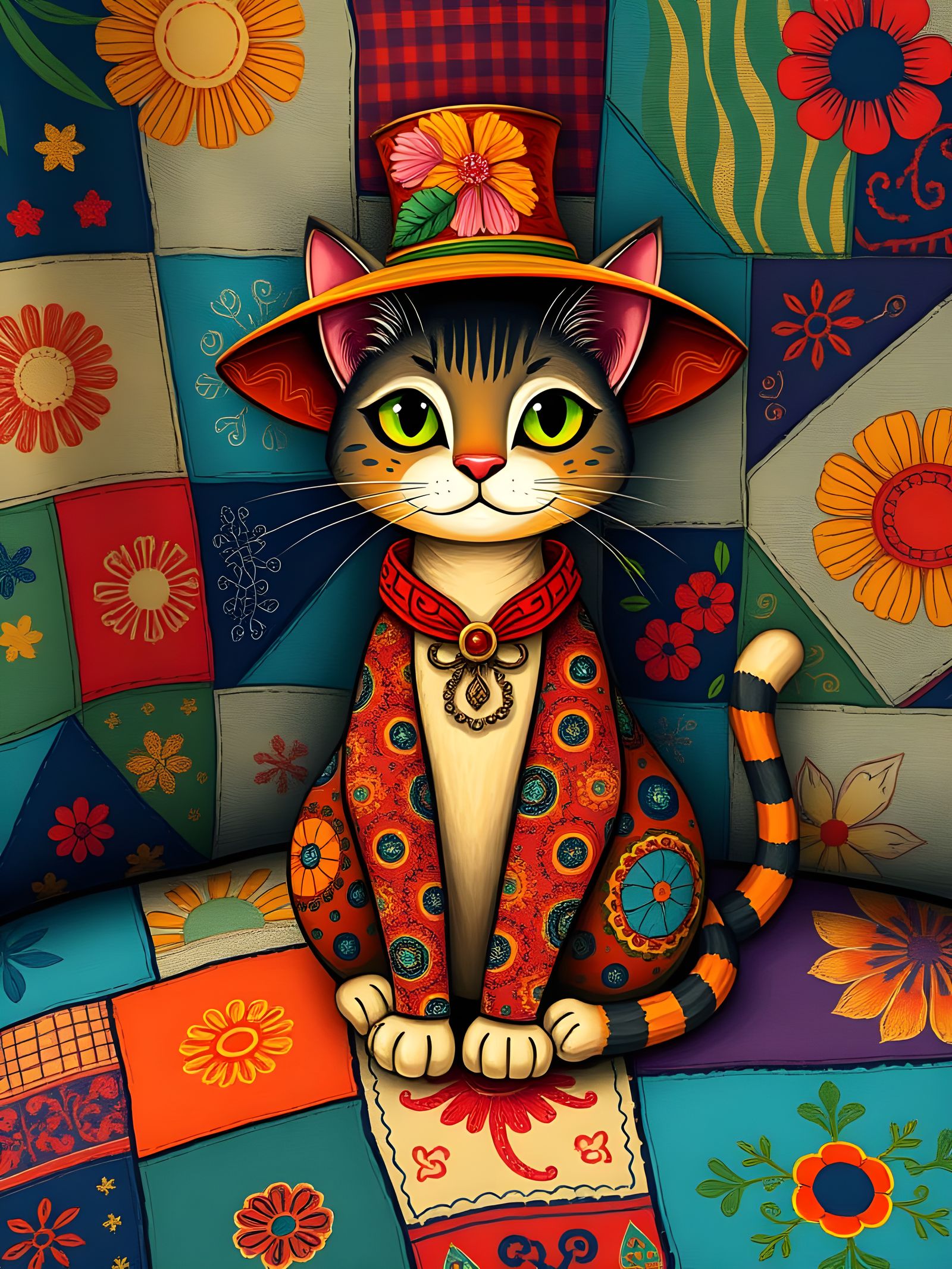 Whimsical Cat in Fancy Hat on Quilted Blanket