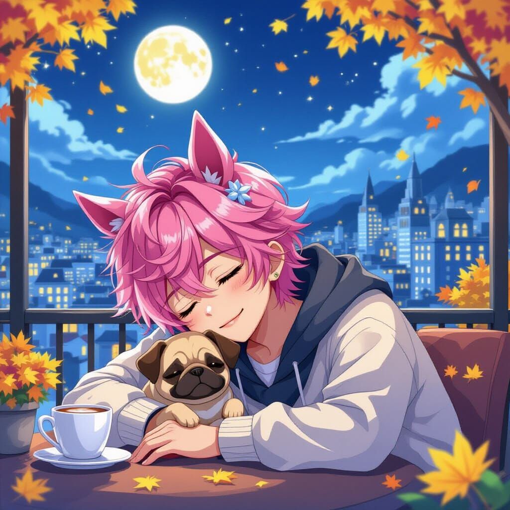 Anime Boy with Pink Hair and Horse Ears Sleeping with Pug Pu...