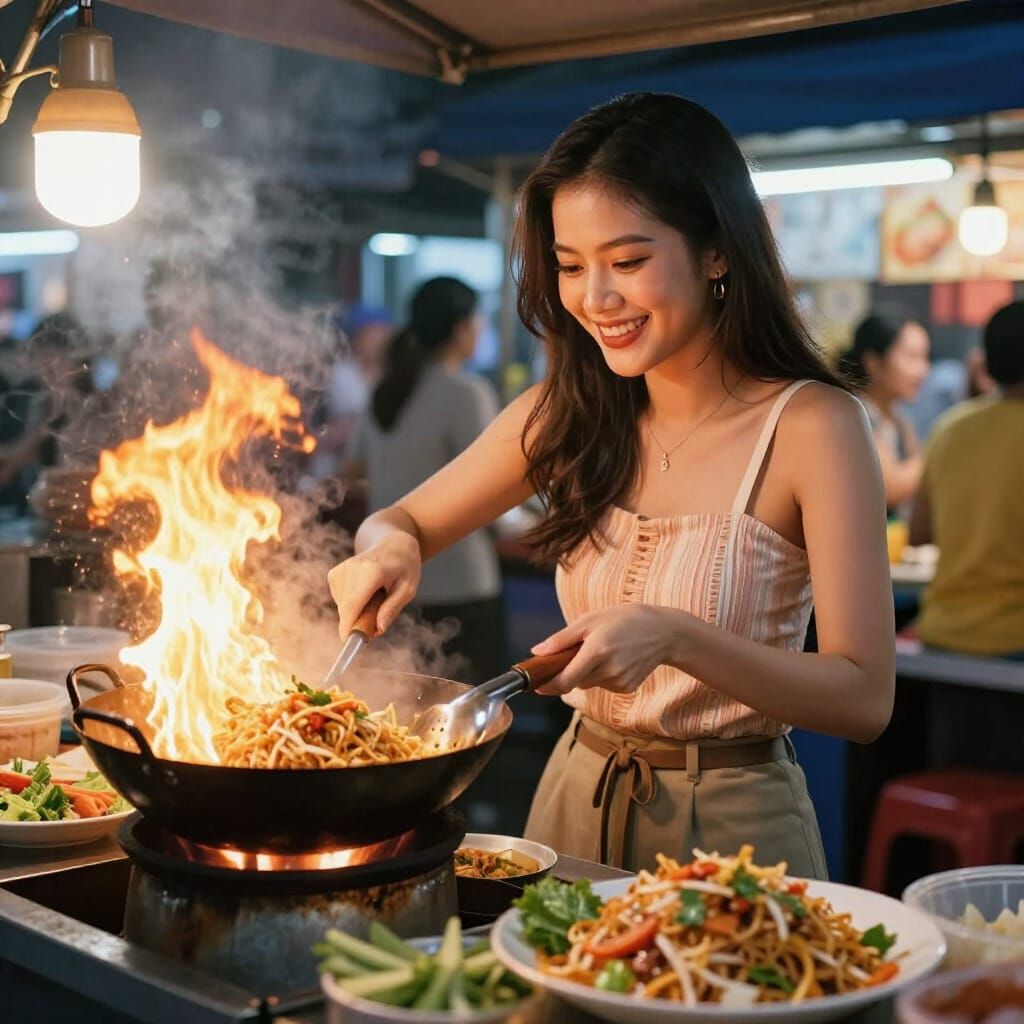 Thai Woman Cooking Pad Thai in Vibrant Street Scene