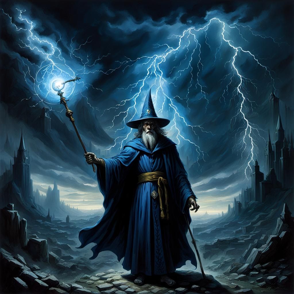 Dark Wizard Casting Lightning Spells, Gothic Horror Style