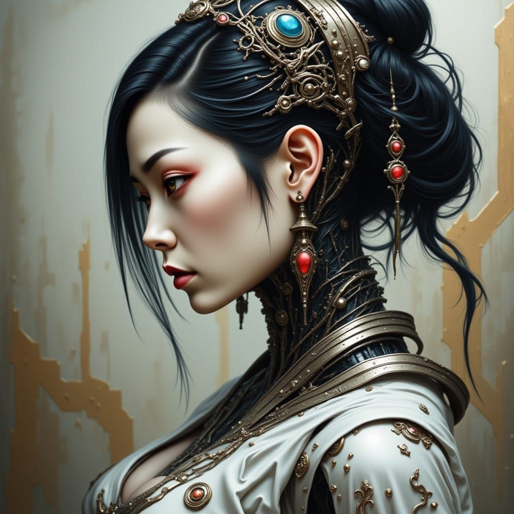 Beautiful Female Cyborg Geisha in Futuristic Style