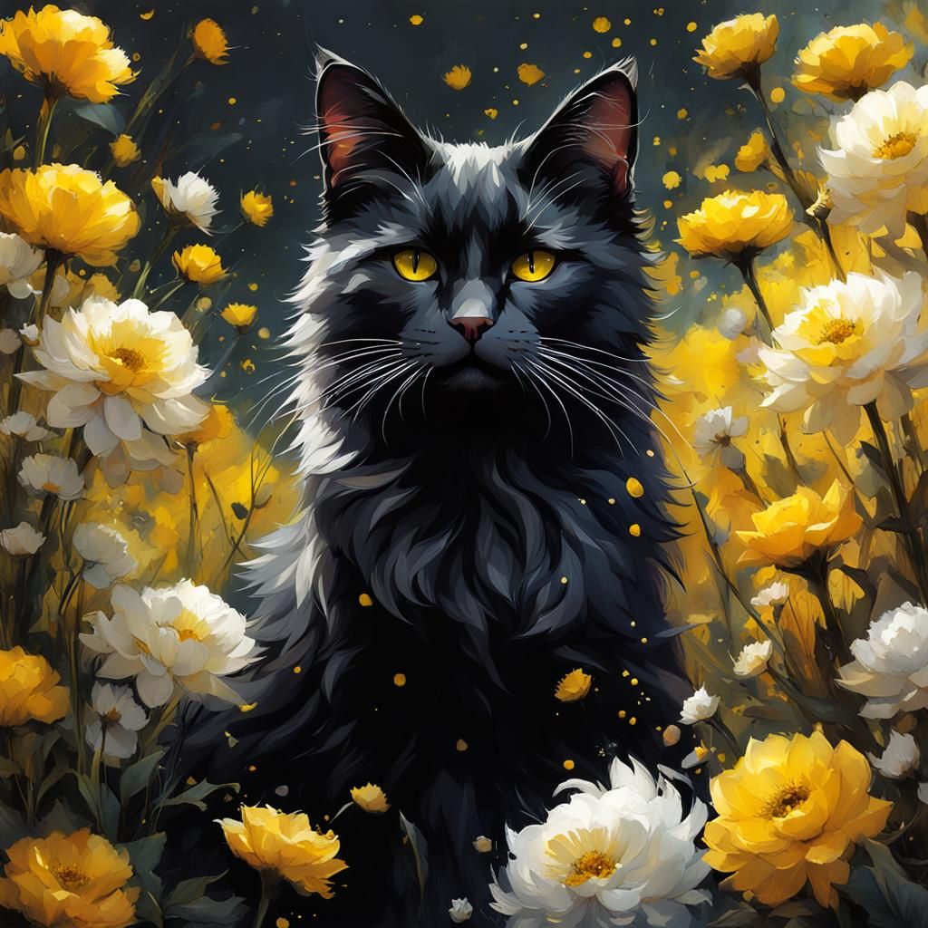 Black Cat Surrounded by Flowers, Detailed Painting