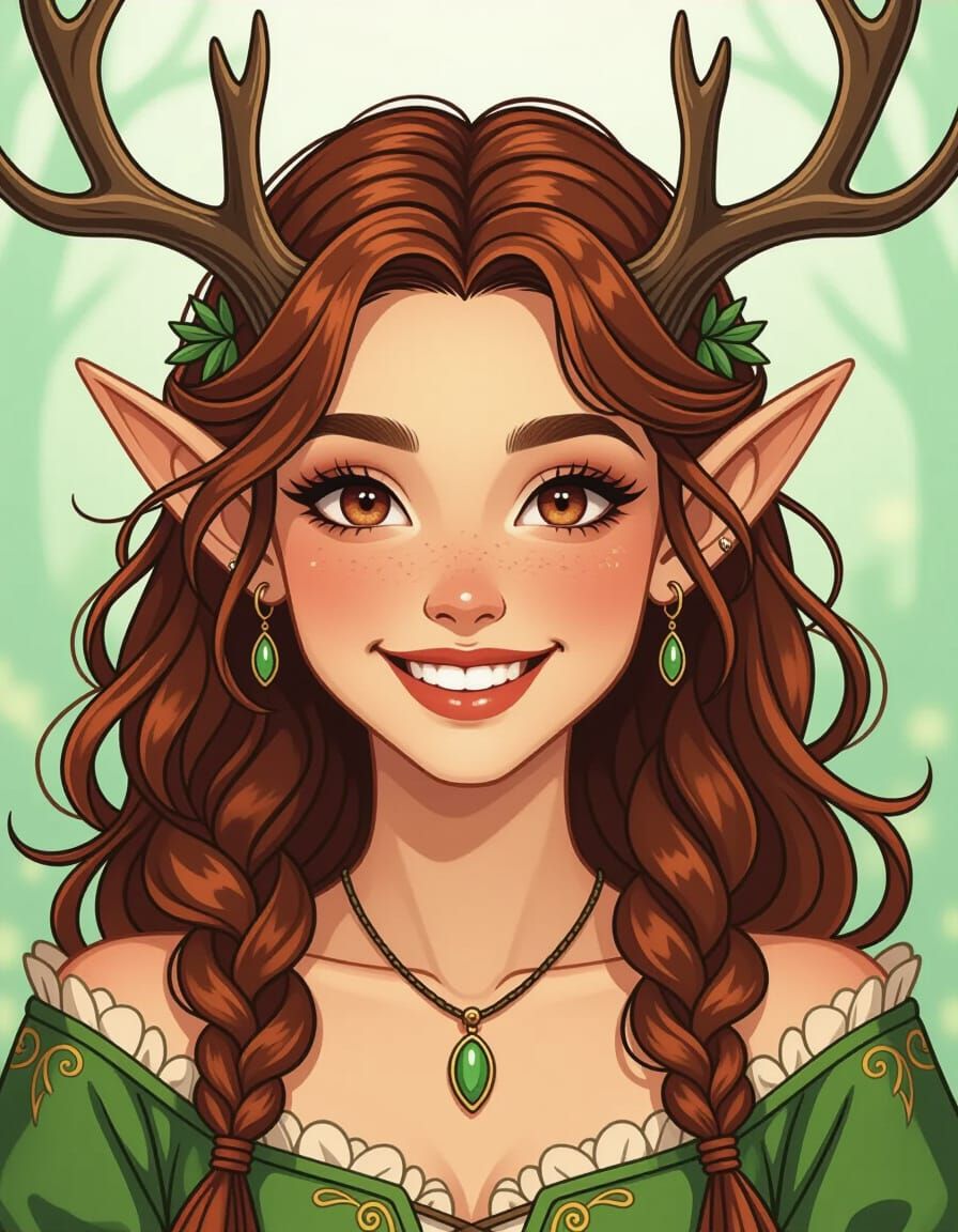 Beautiful Brunette Elf Maiden with Antlers