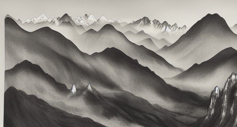 Ink Wash Painting of Sunrise Over Mountain River