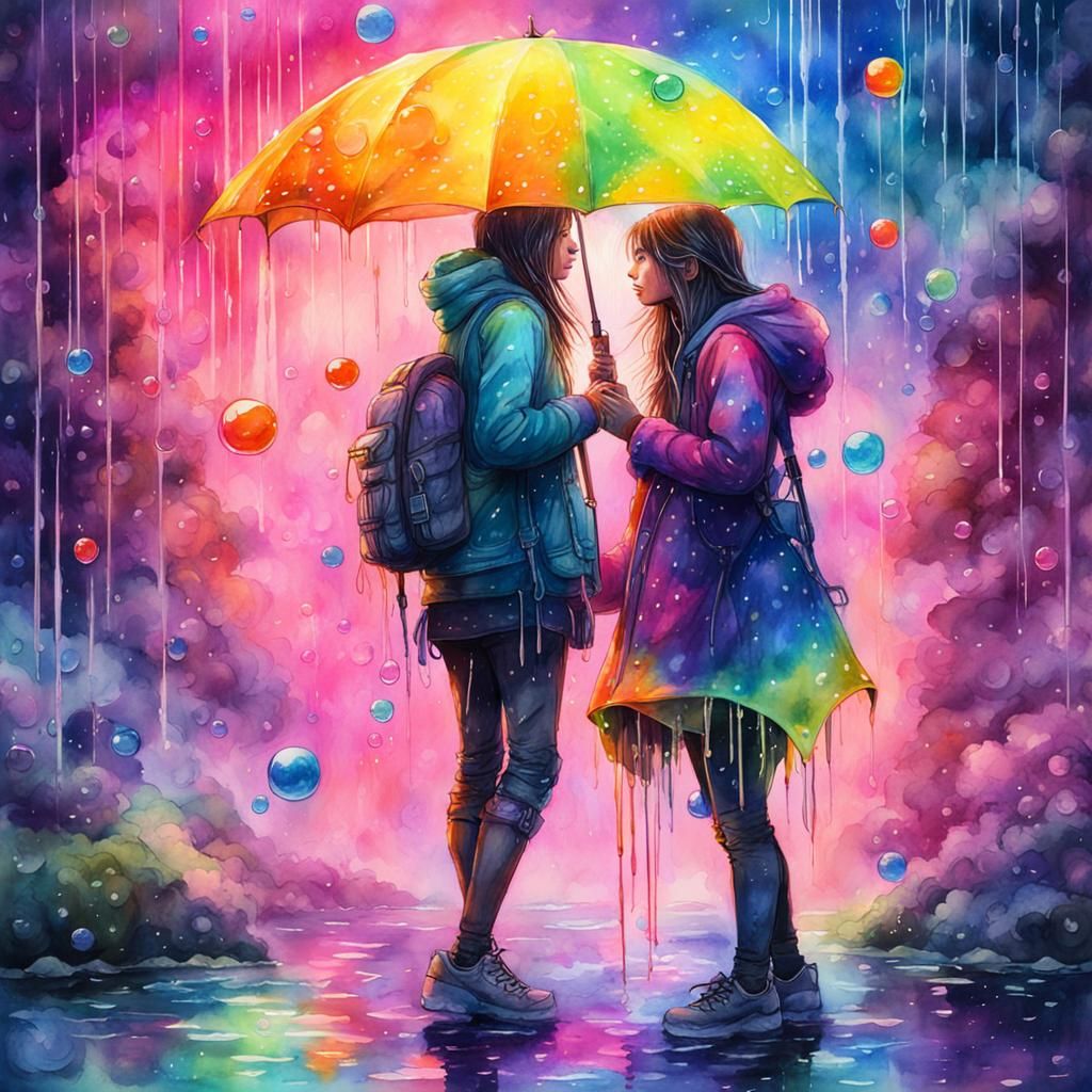 Two Girl Lovers as Watercolor Neon Art