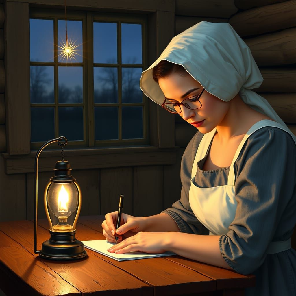 Amish Woman in Prayer Bonnet, Golden Kerosene Lamp, and Rust...