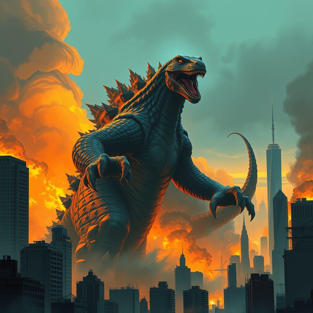 Colossal Kaiju Wrecks Dystopian Metropolis at Dusk