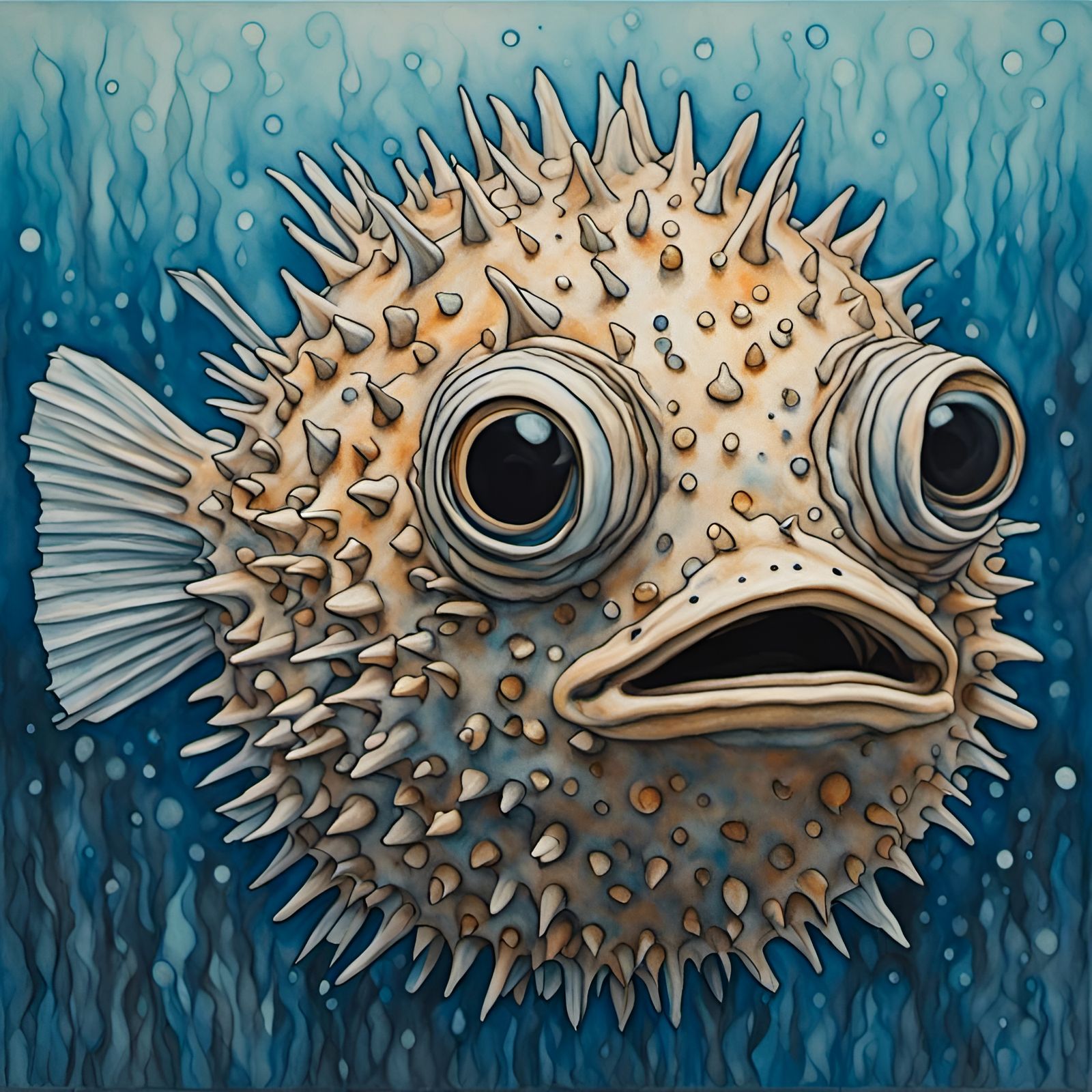 Surprised Pufferfish in Crayon Wax Style