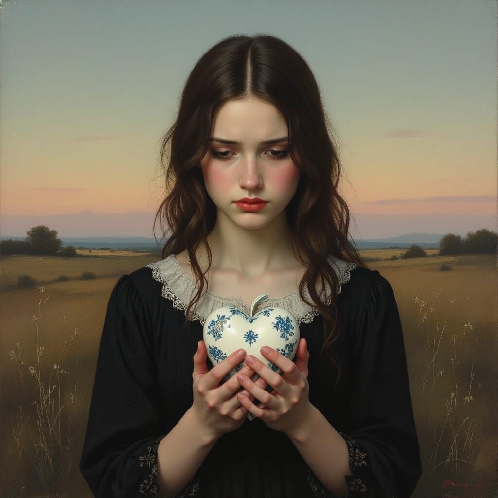 Woman with Shattered Heart in Melancholic Surrealist Paintin...