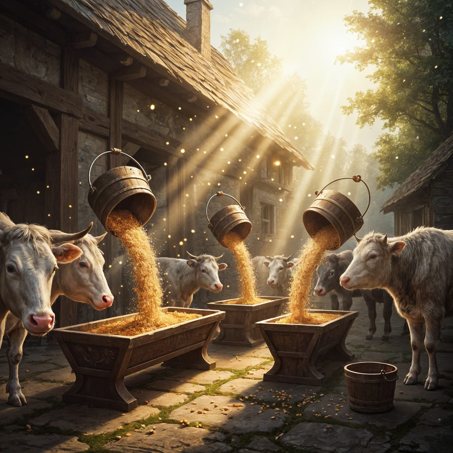 Magical Medieval Farm Scene with Floating Buckets