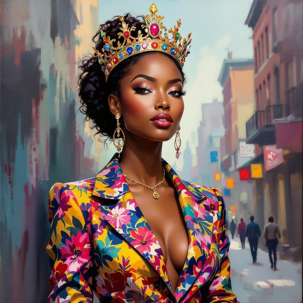 Confident Woman with Crown in Urban Setting