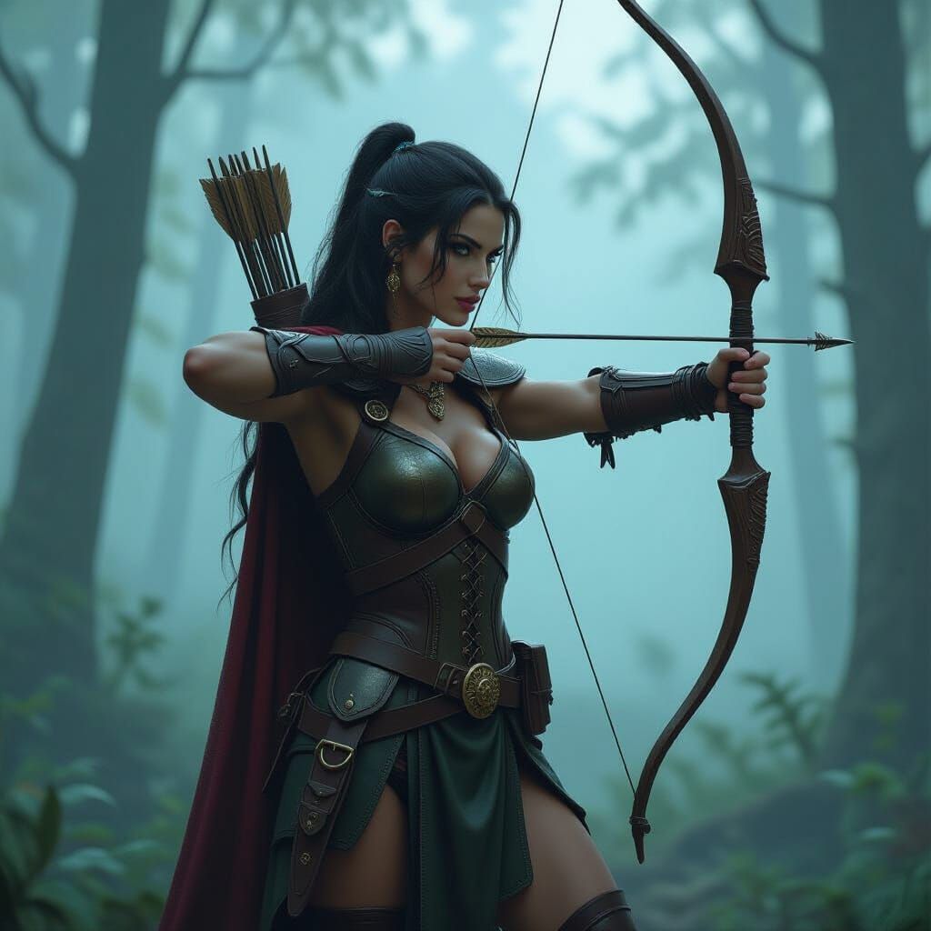 Goddess of Hunting in Misty Forest, Digital Art