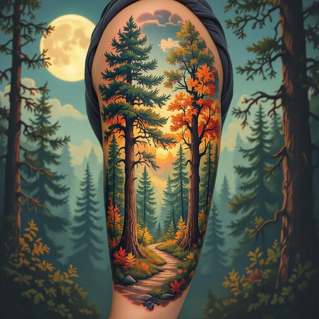 Forest Tattoo Sleeve in Whimsical Style