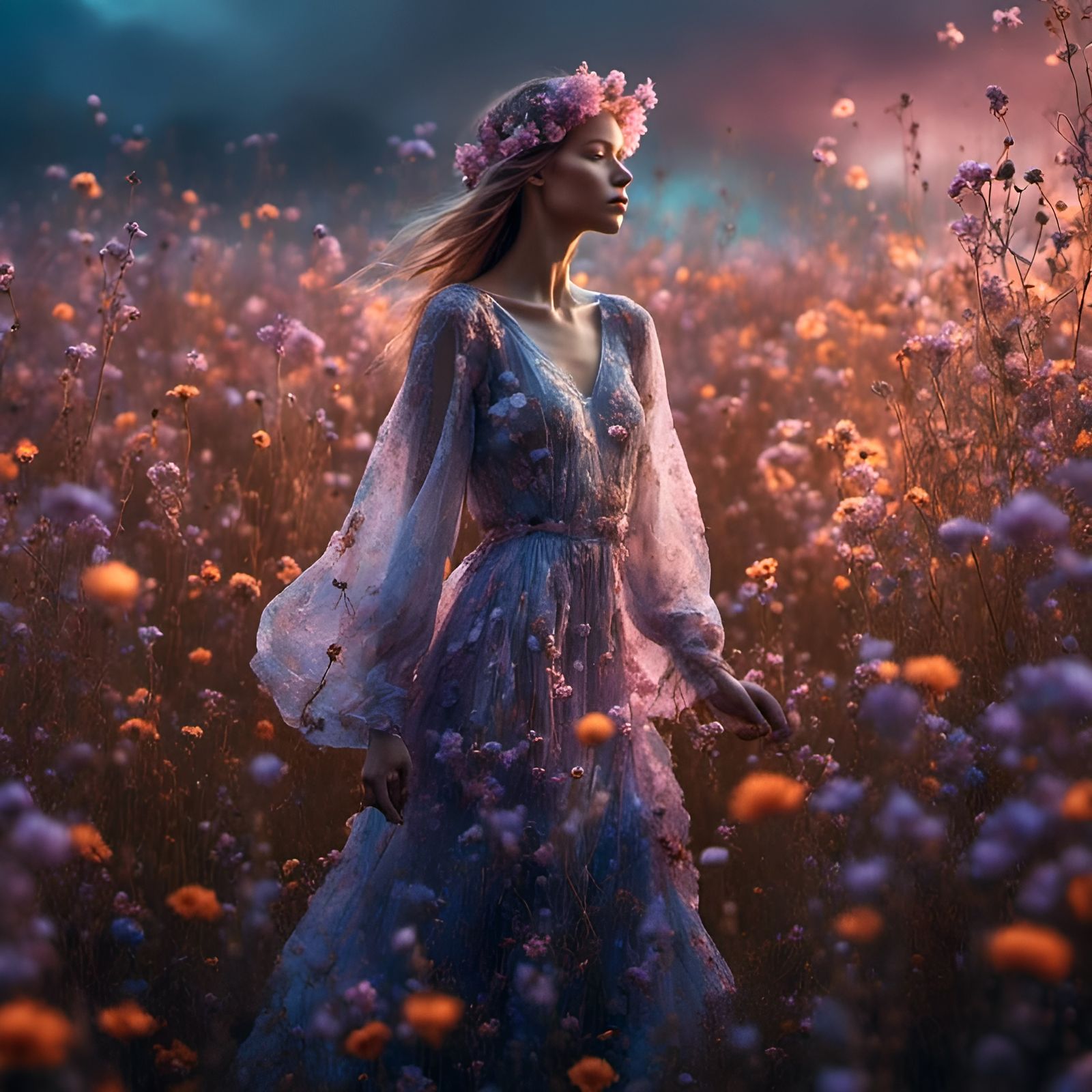Ethereal Figures in Neon Lit Wildflower Field