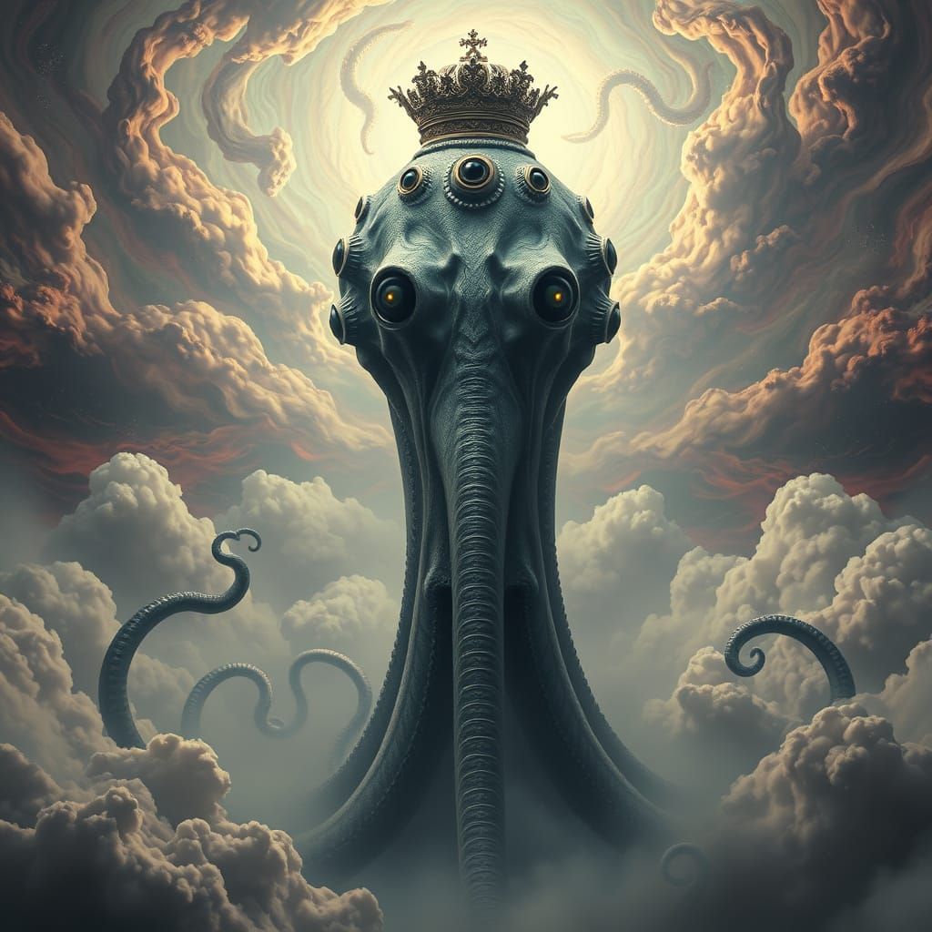 Crowned Tentacle Creature in Cosmic Horror Style